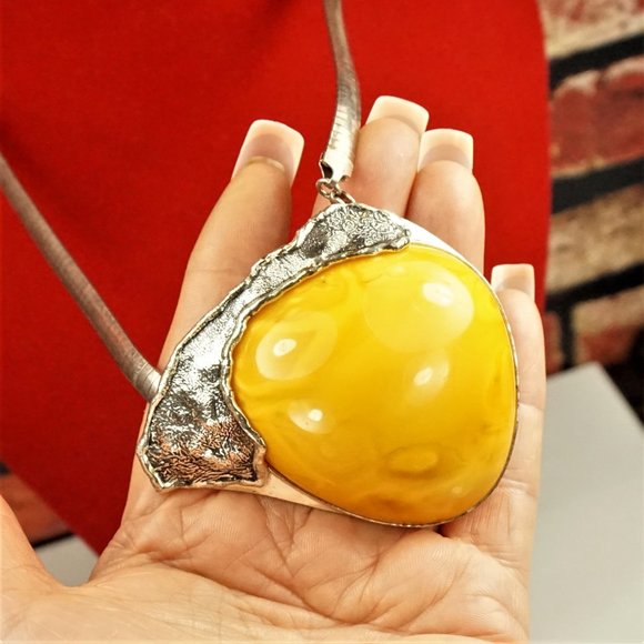HUGE EGG YOLK AMBER STERLING BROOCH PENDANT WITH SNAKE CHAIN